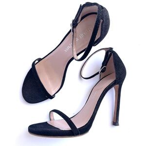 Stuart Weitzman Nudistcurve ankle strap sandal, sparkly black excellent cond.